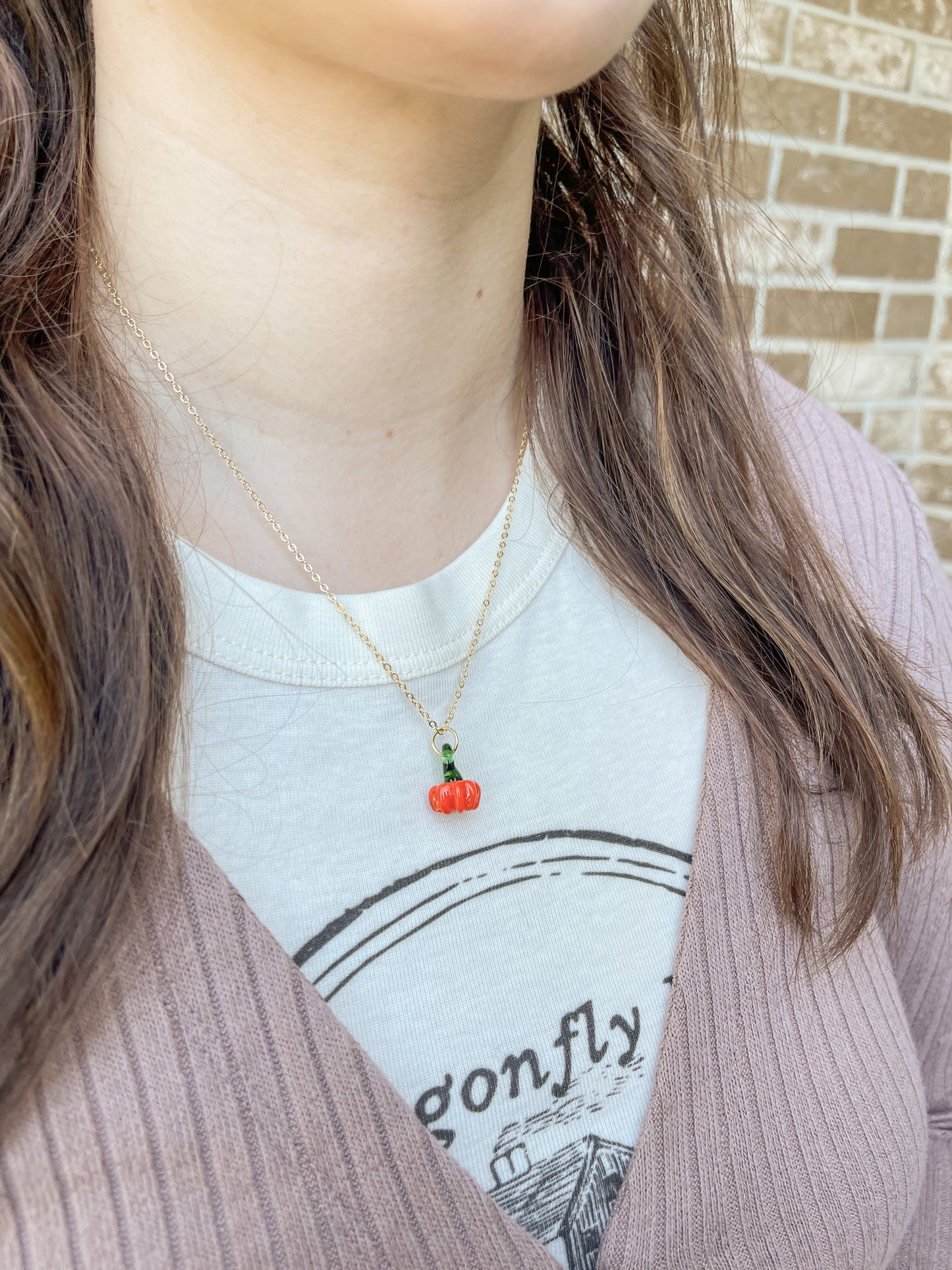 Glass Pumpkin Necklace Gold