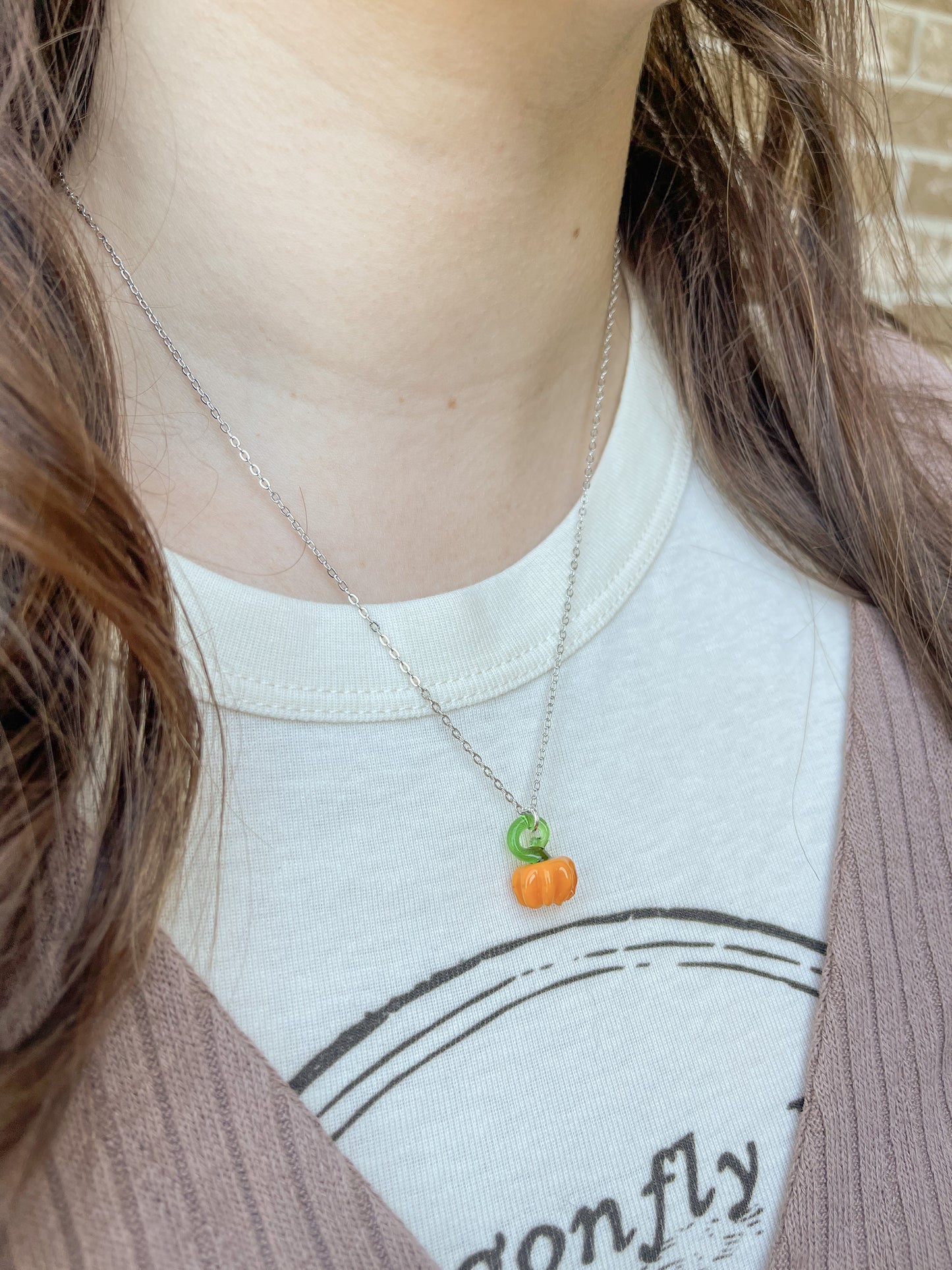 Glass Pumpkin Necklace Silver