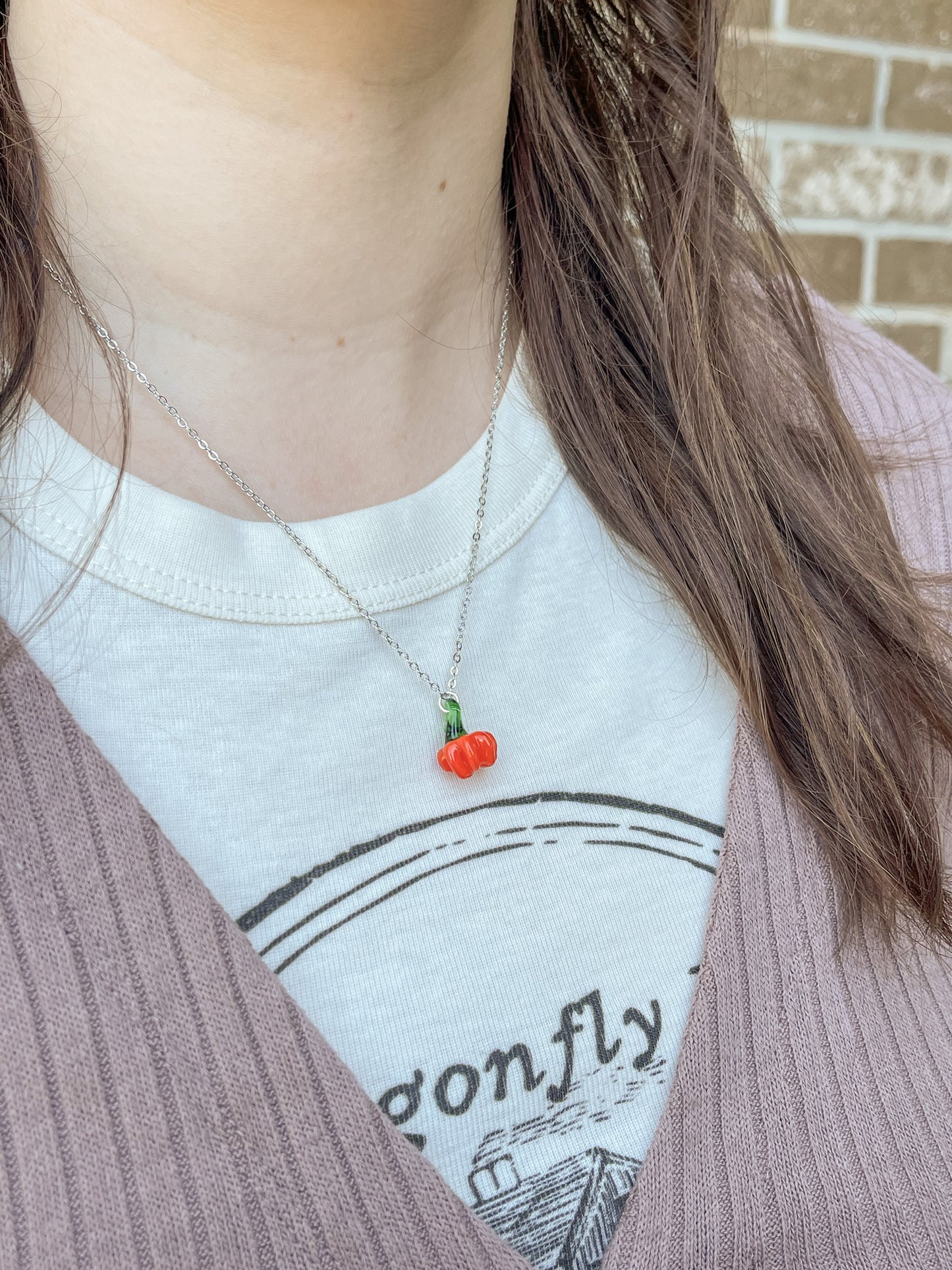 Glass Pumpkin Necklace Silver